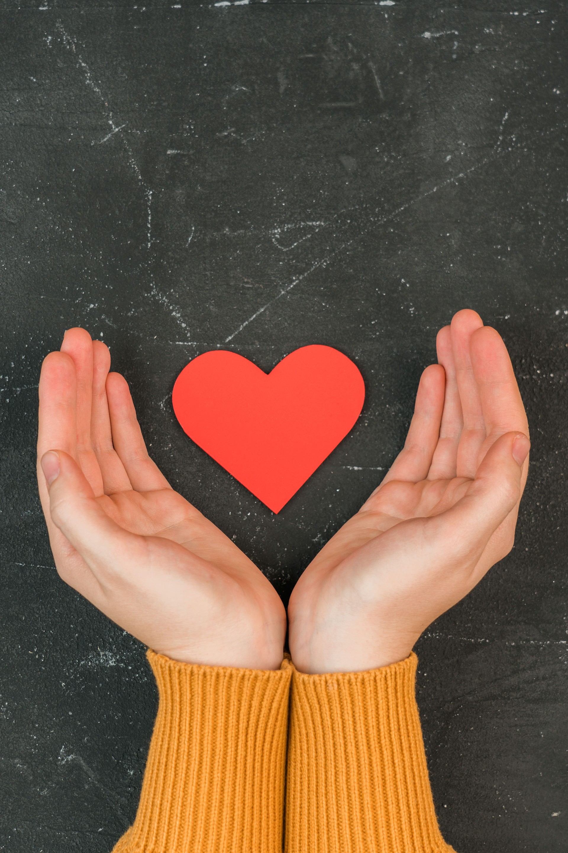 Female palms embrace a red heart-shaped figure, top view. Vertical photo
